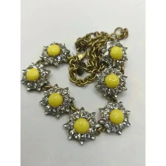 J Crew Gold Chain Yellow Flower Pendants Rhinestones Patina Statement Necklace - Picture 5 of 6